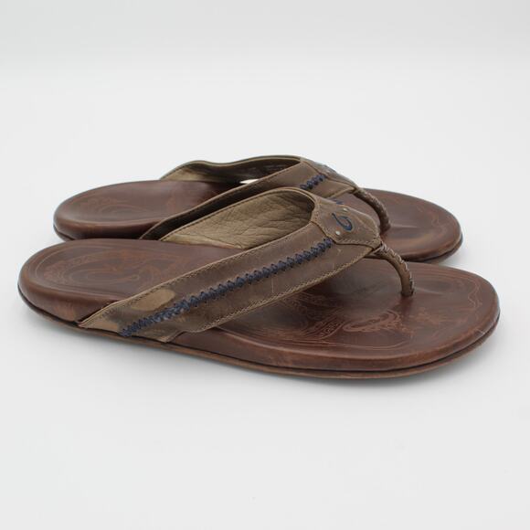 Olukai Mea Ola Leather Flip Flops Mens 12 Brown Comfort Sandals Casual Beach - Picture 1 of 7